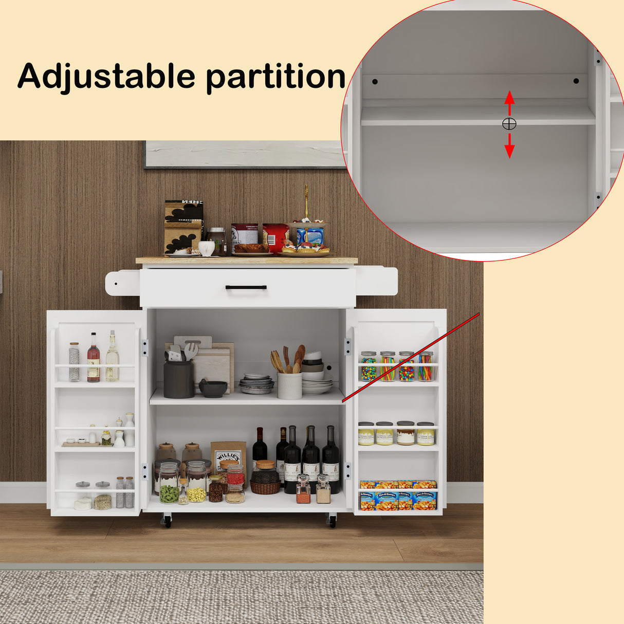 Kitchen island rolling trolley cart with 1 drawer & 2 doors with storage racks & Adjustable Shelves & towel rack - V.I.P Digital Presence