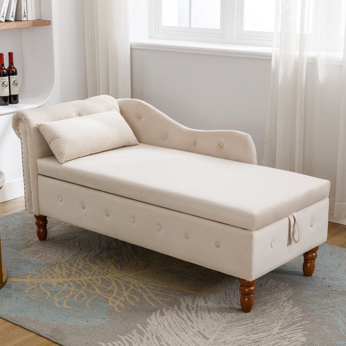 Beige Chaise Lounge Indoor Velvet Lounge Chair for Bedroom with Storage & Pillow Modern Upholstered Rolled Arm Chase Lounge - V.I.P Digital Presence