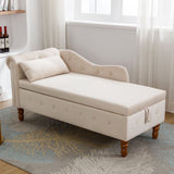 Beige Chaise Lounge Indoor Velvet Lounge Chair for Bedroom with Storage & Pillow Modern Upholstered Rolled Arm Chase Lounge - V.I.P Digital Presence