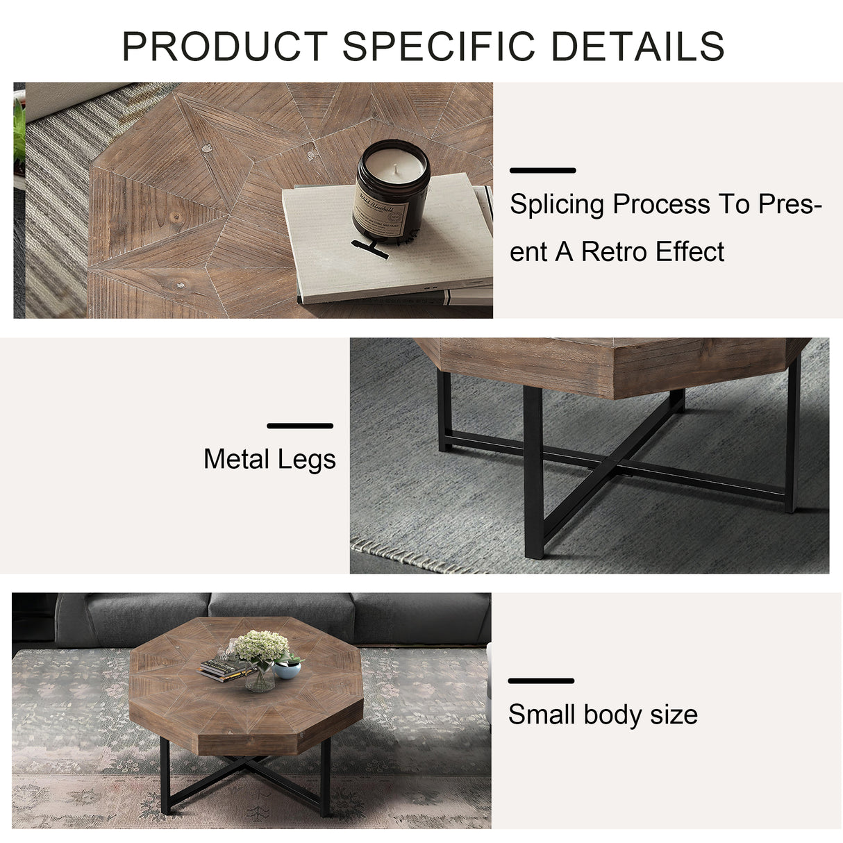 Wooden octagonal retro patchwork craft 30 inch wooden tabletop cross metal leg coffee table (antique brown) - V.I.P Digital Presence