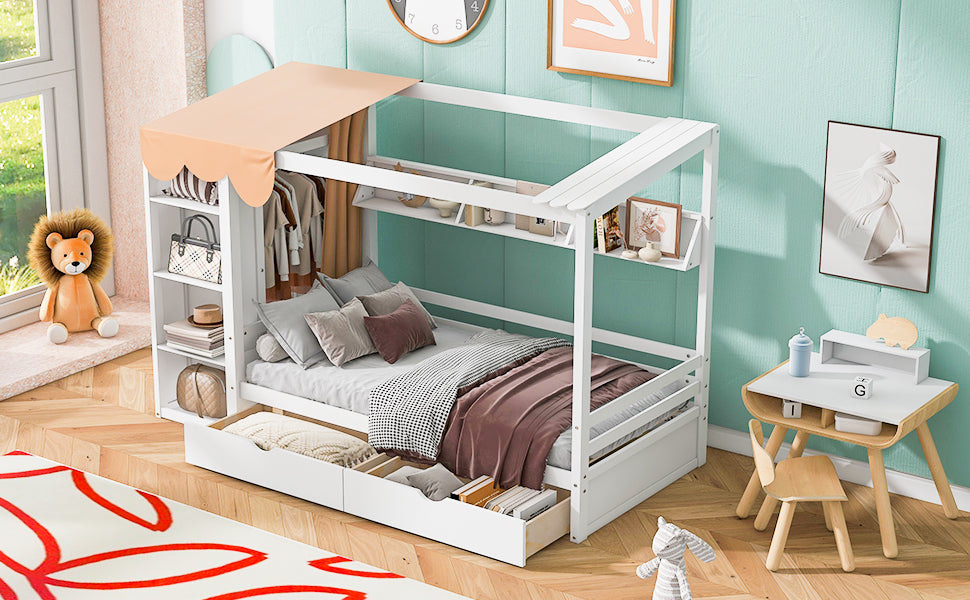 Twin size House Bed with Two Drawers and Wardrobe,White - V.I.P Digital Presence