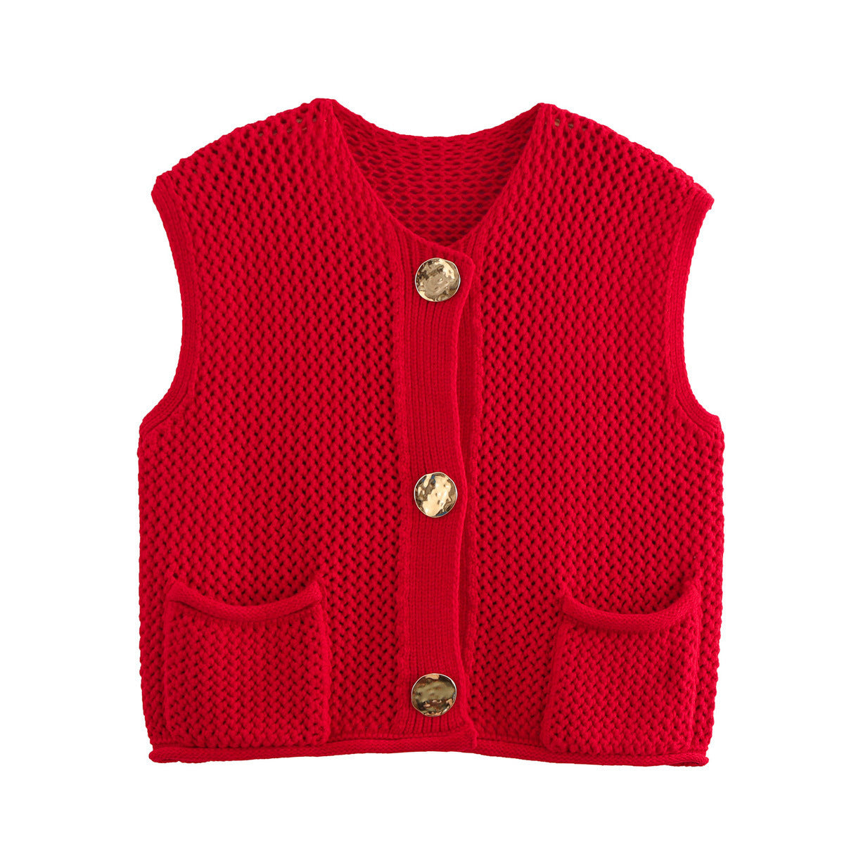 Street Fashion Crochet Hollow Vest Solid Color Versatile Round Neck Jacket - V.I.P Digital Presence