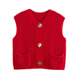 Street Fashion Crochet Hollow Vest Solid Color Versatile Round Neck Jacket - V.I.P Digital Presence