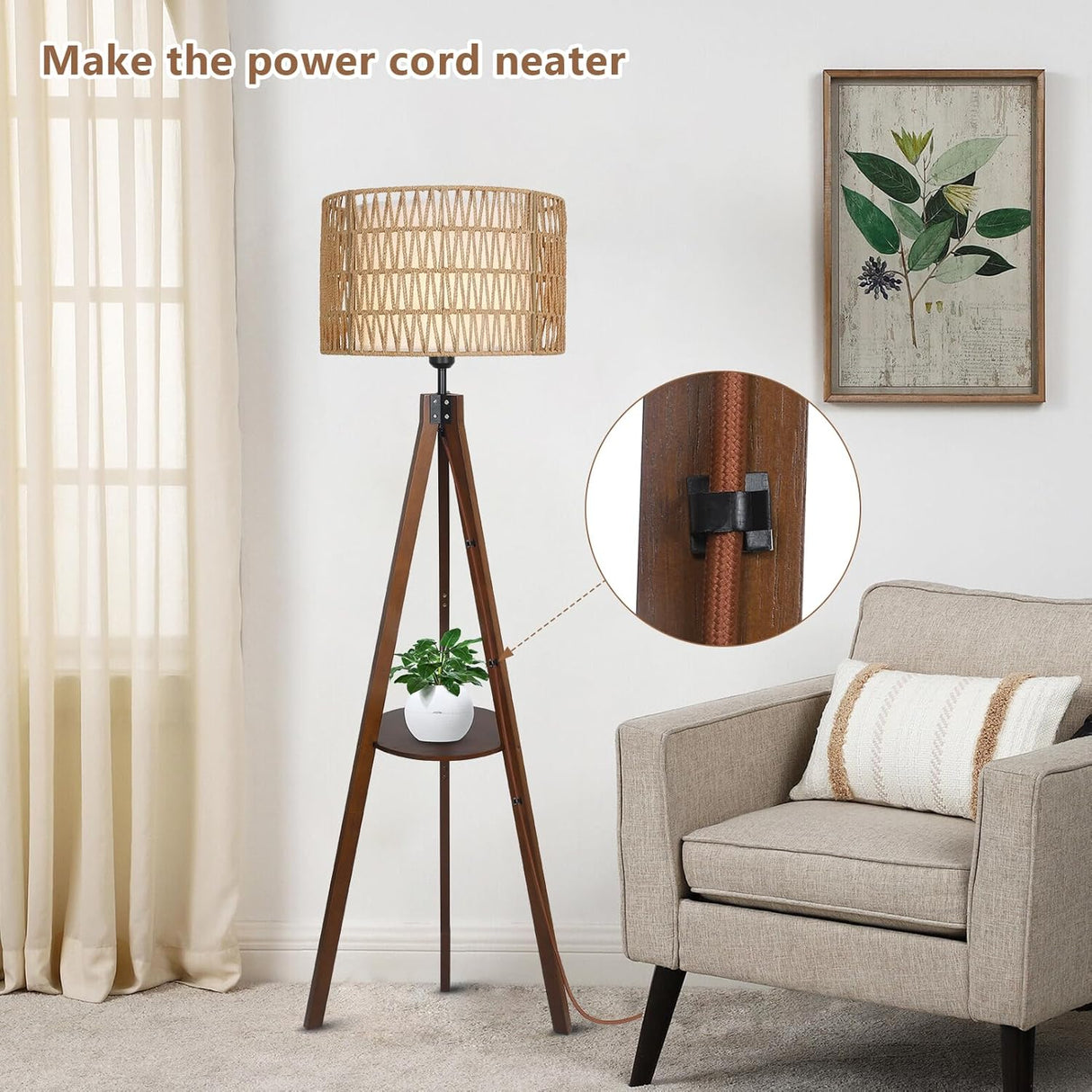 Boho Tripod Floor Lamp with Shelves, Mid Century Wood Standing Lamp with Rattan & Fabric Shades, ON/Off Foot Switch Office - V.I.P Digital Presence