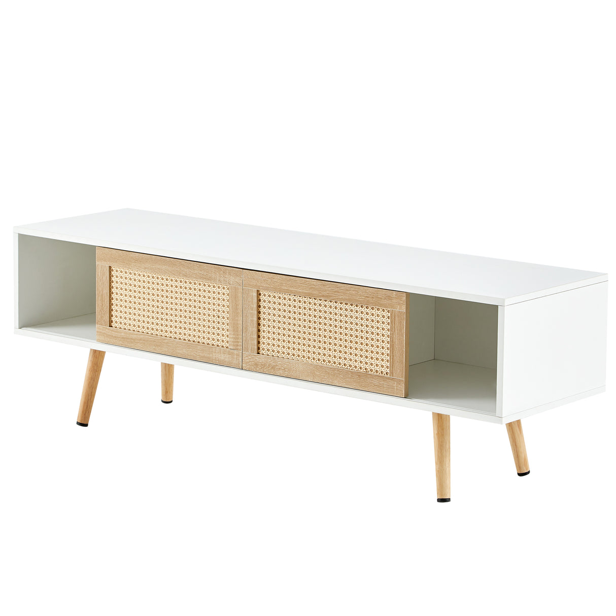 55.12" Rattan TV cabinet double sliding doors for storage adjustable shelf solid wood legs TV console for living room  White - V.I.P Digital Presence