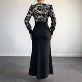 Sexy Retro Lace Splicing Long Sleeve V-neck Dress for Evening and Date - V.I.P Digital Presence
