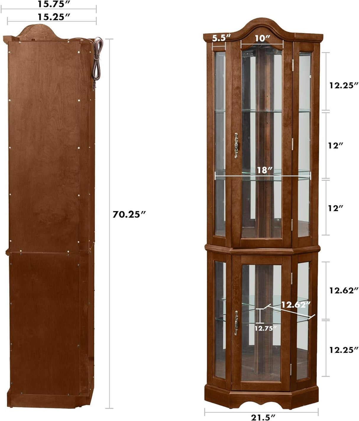 Corner Curio cabinet, adjustable tempered glass frame, rearview mirror, display cabinet, walnut wood (excluding E26 bulbs) - V.I.P Digital Presence