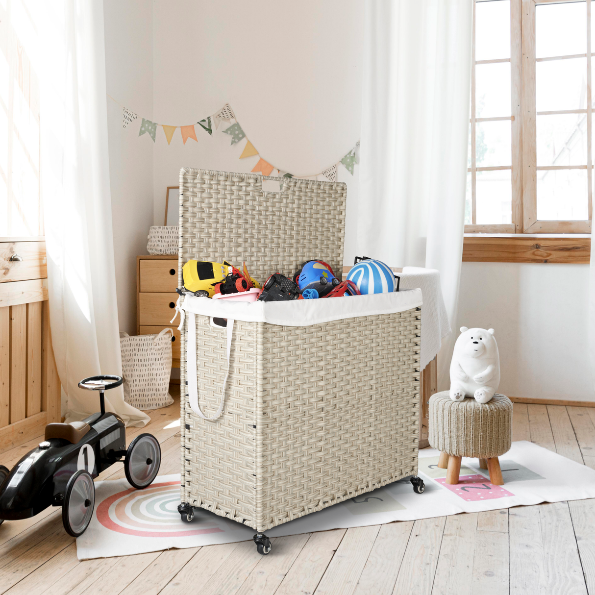 Laundry Hamper With Lid PE Rattan Powder Coating Frame Clothes Hampers with 02 Removable Bags, Wheels, 160L, Grey Color - V.I.P Digital Presence