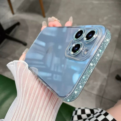 Sparkling pink border phone case transparent and suitable for Apple 14proMax creative mirror 13 glass protective case - V.I.P Digital Presence