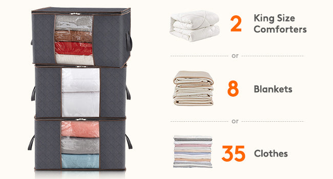 Large capacity clothing storage bag with reinforced handle, thick fabric, foldable, sturdy zipper, 1 set of 3 bags, 90L, gray - V.I.P Digital Presence