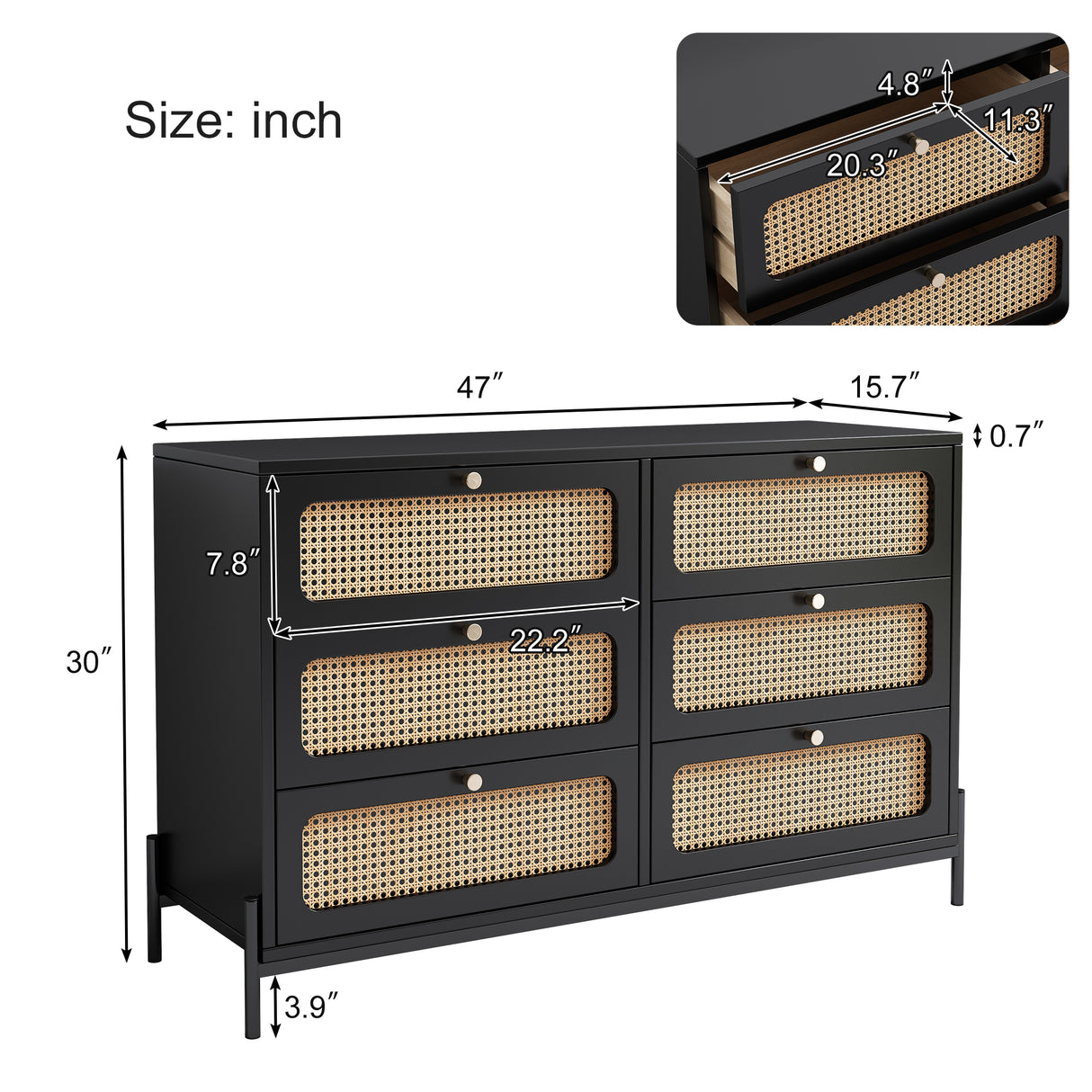 Modern hemp vine wood closet with 6 drawers, dressing table, wooden storage cabinet side panel, black - V.I.P Digital Presence