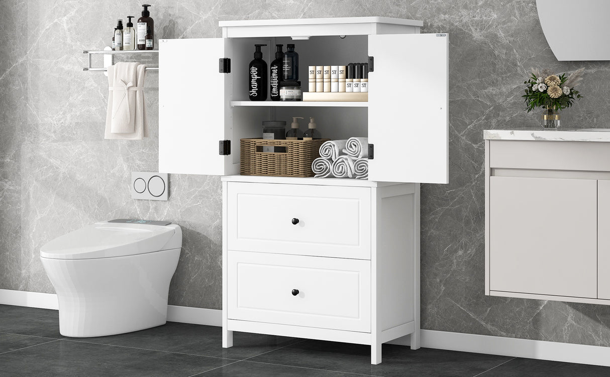 Bathroom Storage Cabinet, Cabinet with Two Doors and Drawers, Adjustable Shelf, MDF Board, White - V.I.P Digital Presence