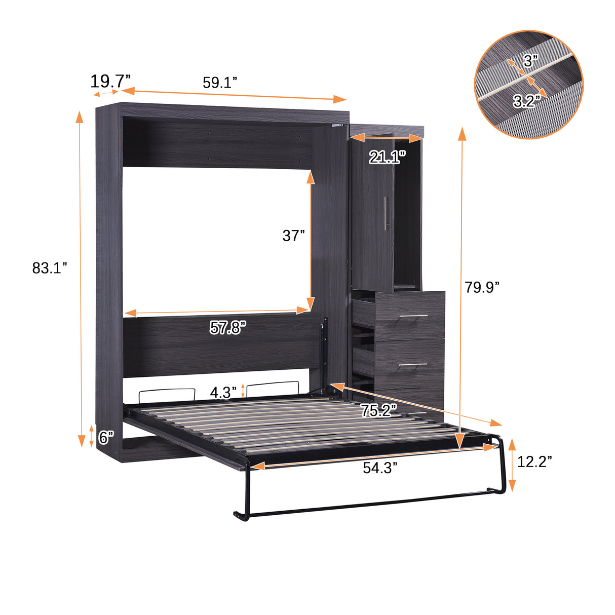 Full Size Murphy Bed with Wardrobe and Drawers, Storage Bed, can be Folded into a Cabinet, Gray - V.I.P Digital Presence