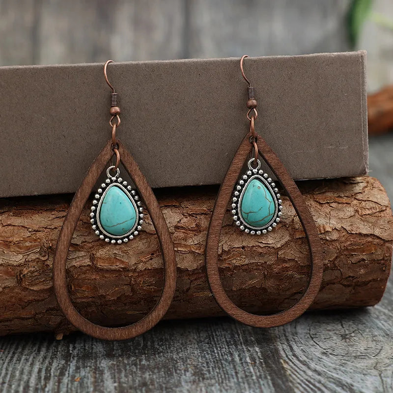 Wooden Turquoise Cutout Teardrop Earrings - V.I.P Digital Presence
