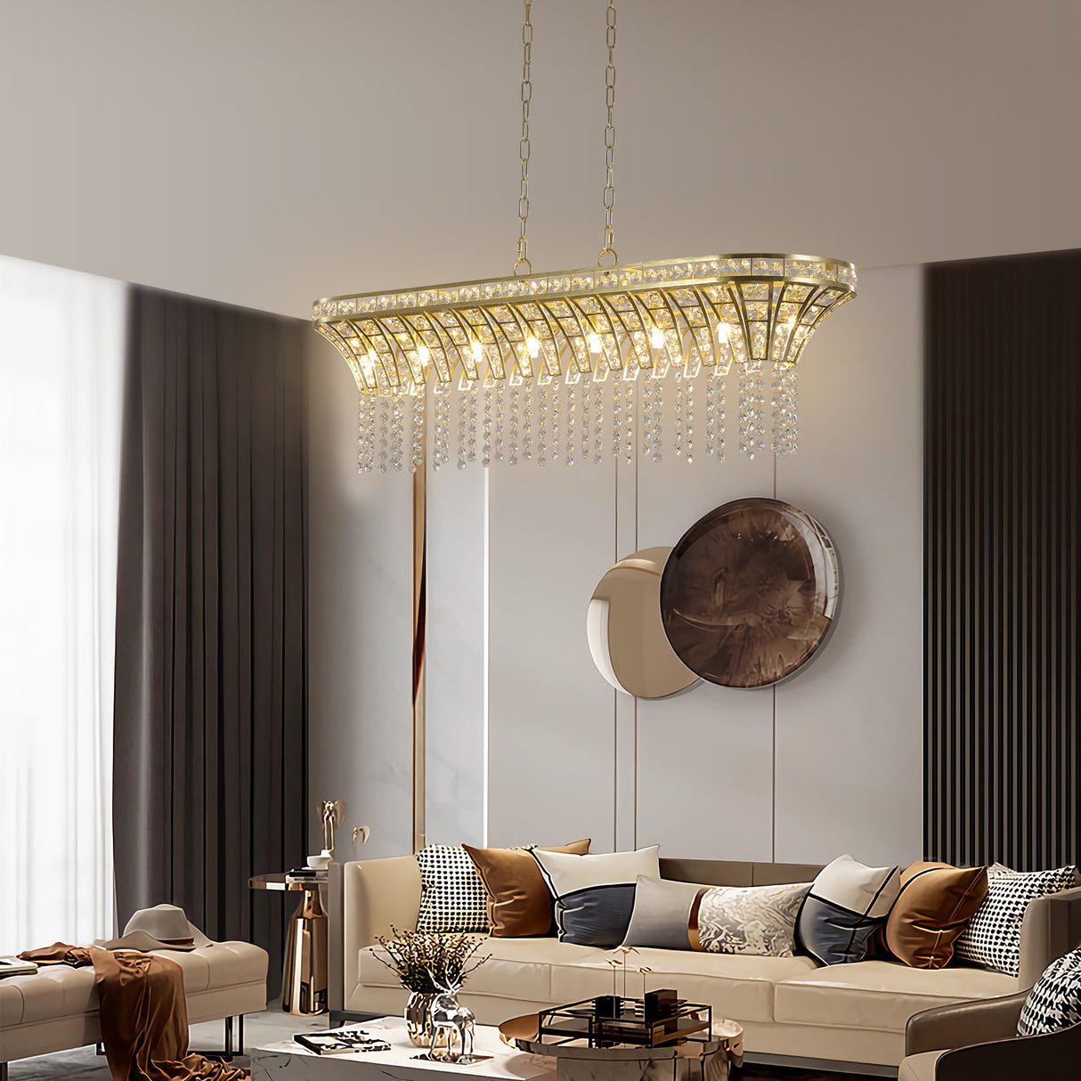Modern Champagne Gold Kitchen Island Light - Oval Crystal ceiling chandelier - V.I.P Digital Presence