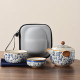 Blue and white beige Ru kiln travel tea set one pot three cups outdoor portable entwined lotus ceramic retro teapot - V.I.P Digital Presence