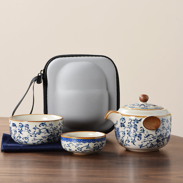 Blue and white beige Ru kiln travel tea set one pot three cups outdoor portable entwined lotus ceramic retro teapot - V.I.P Digital Presence