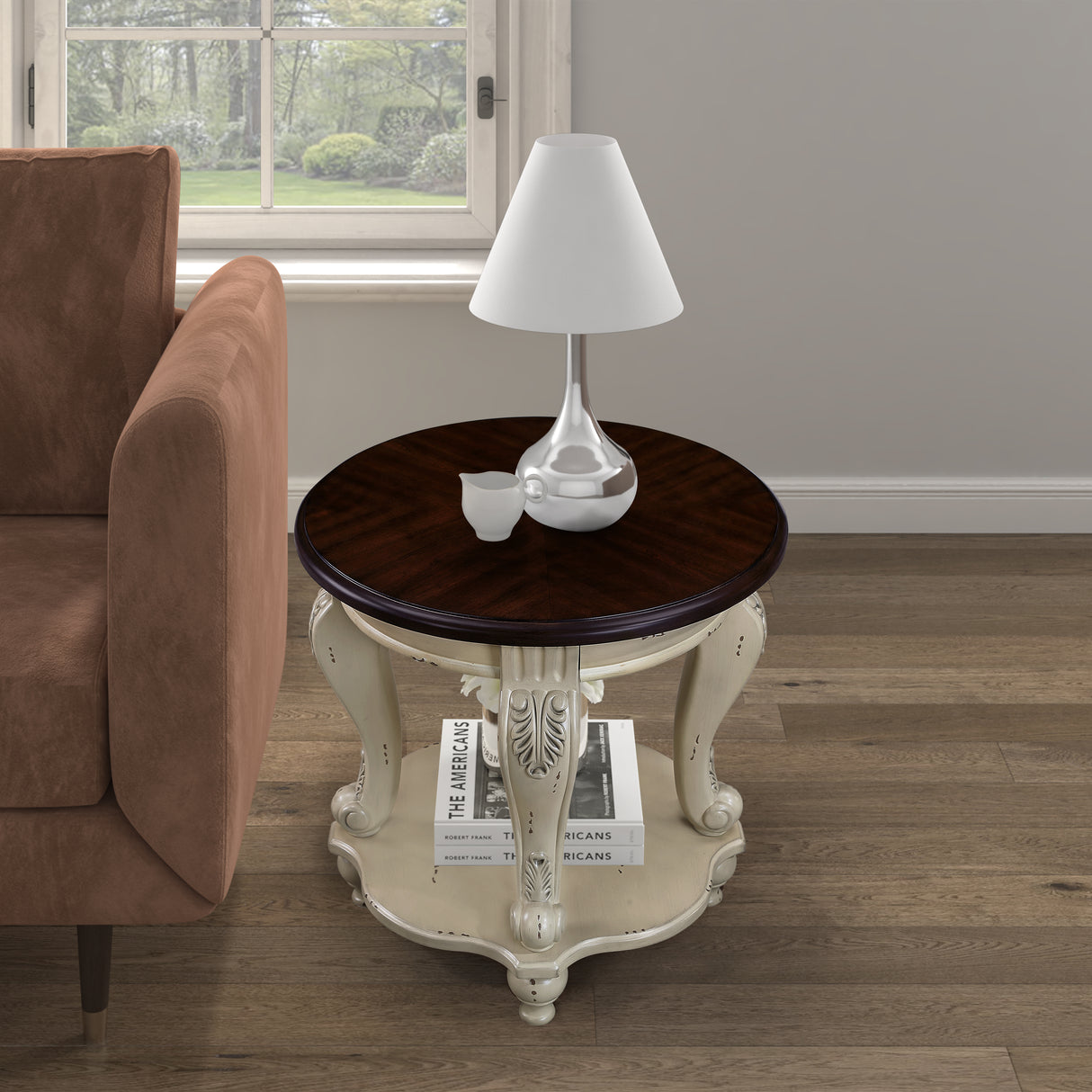 22 inch dual tone round head table, solid wood sofa side table with shelf, white and cherry tabletop - V.I.P Digital Presence