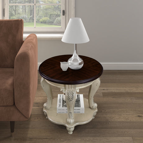 22 inch dual tone round head table, solid wood sofa side table with shelf, white and cherry tabletop - V.I.P Digital Presence