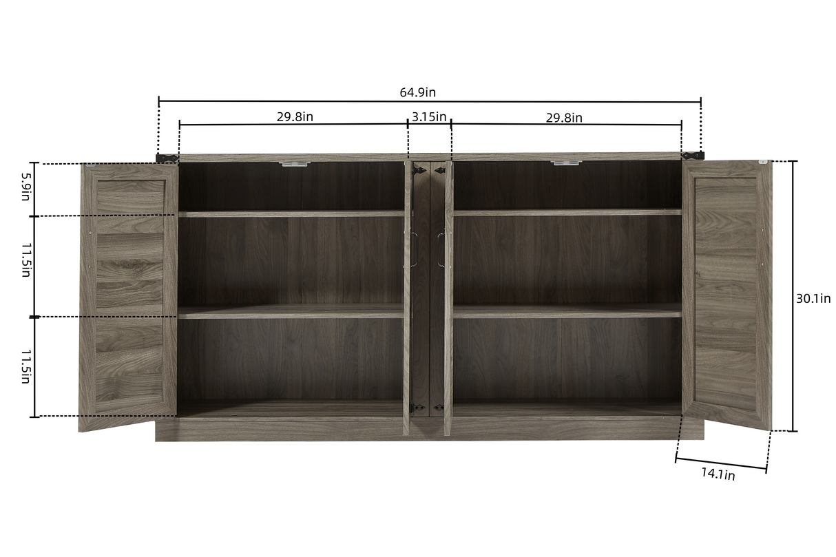 65-Inch Slate Gray Faux Rattan Sideboard with Barn Doors Rustic Sideboard, 4-Door Storage for Living Room, Entryway, Bedroom - V.I.P Digital Presence