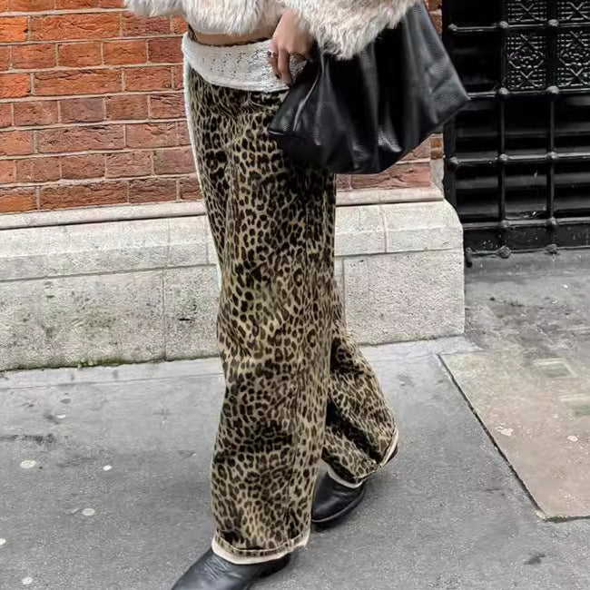 American retro leopard print casual pants with high waist design niche fashion loose and wide leg pants - V.I.P Digital Presence