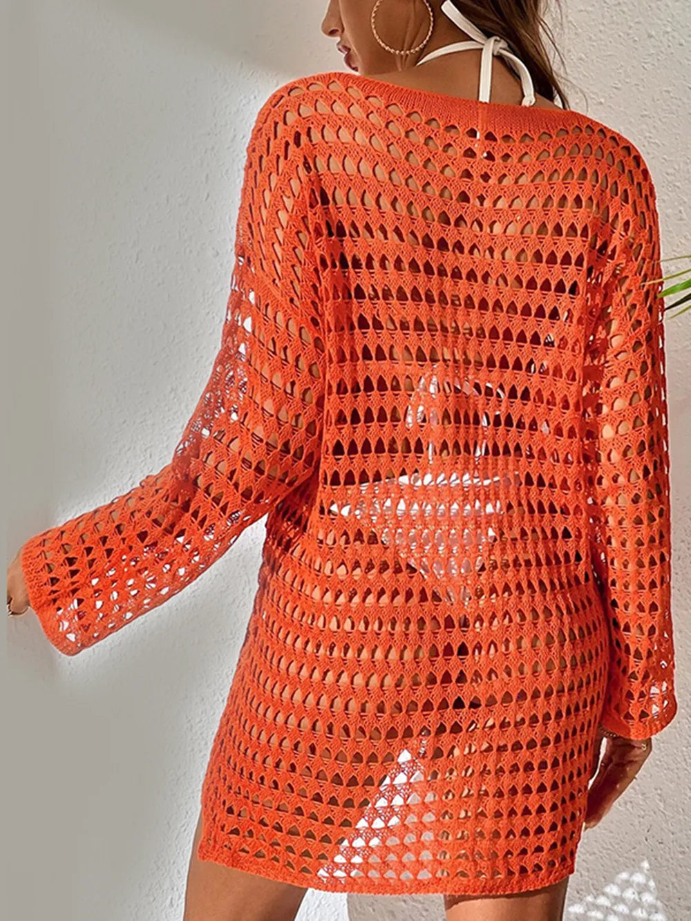 Knitted hollowed out pullover round neck long sleeved bikini swimsuit cover - V.I.P Digital Presence