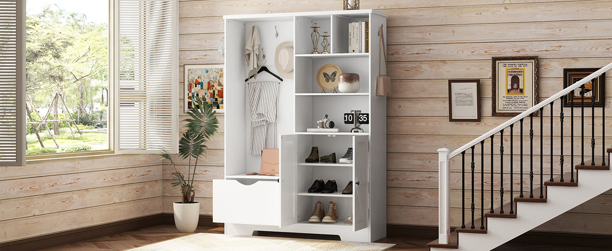 Multi-functional Hall Tree with Storage Shelves Drawers Cabinet Elegant Hallway Shoe Cabinet with Bench Modern Coat Rack White - V.I.P Digital Presence