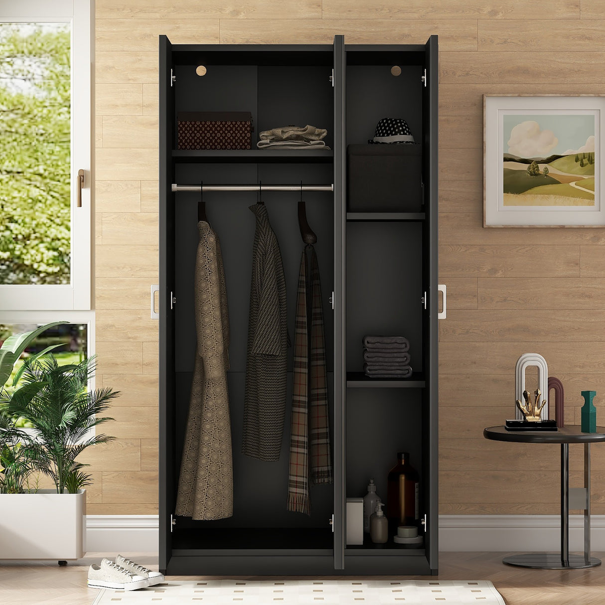 3 Door Wardrobe with Mirror, Armoire with Hanging Rod and 3 Fixed Shelves,Black - V.I.P Digital Presence