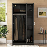 3 Door Wardrobe with Mirror, Armoire with Hanging Rod and 3 Fixed Shelves,Black - V.I.P Digital Presence