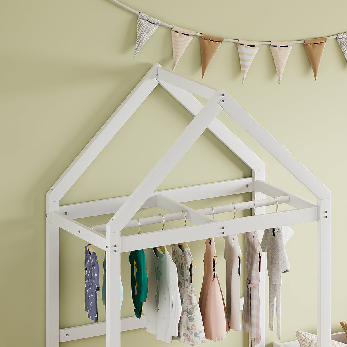 Wooden Twin Size Children's Bed with Detachable Headboard and Integrated Clothes Drying Rack, White - V.I.P Digital Presence