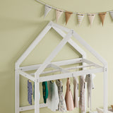 Wooden Twin Size Children's Bed with Detachable Headboard and Integrated Clothes Drying Rack, White - V.I.P Digital Presence