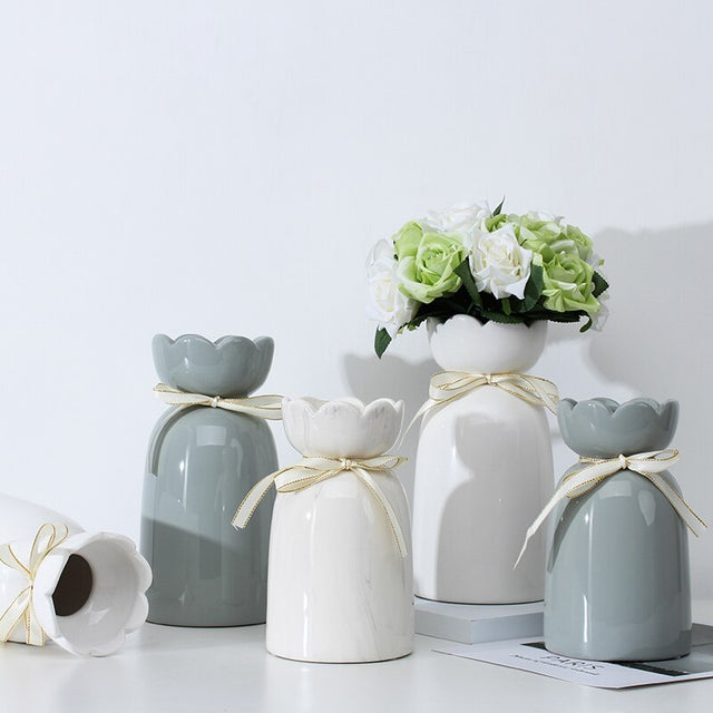 European-style creative ribbon ceramic vase dining room table dry flower arrangement table top decoration at home - V.I.P Digital Presence