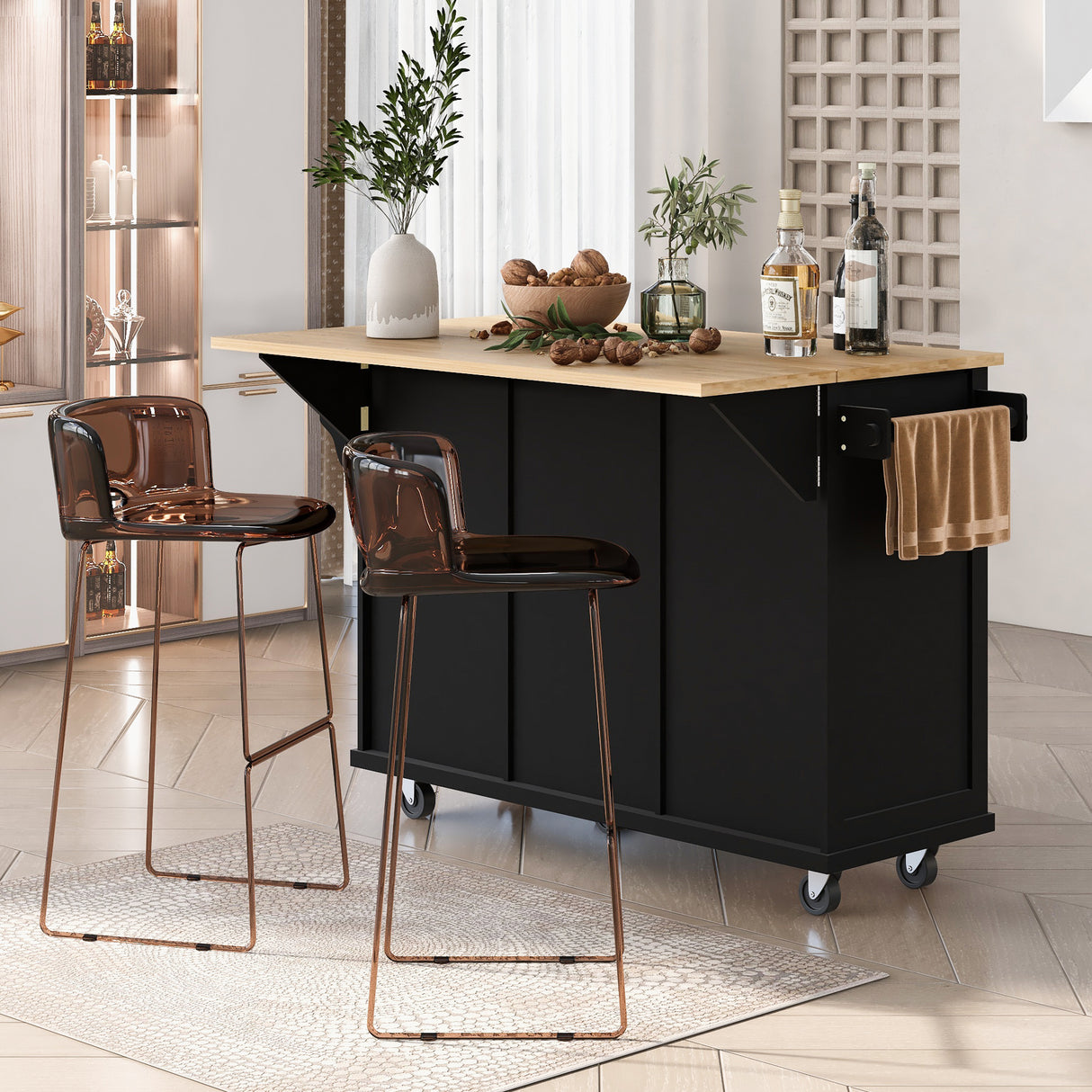 Kitchen trolley with rubber wood leaf countertop, 5-wheel kitchen island, storage cabinet and 3 dining drawers, black - V.I.P Digital Presence