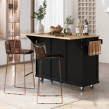 Kitchen trolley with rubber wood leaf countertop, 5-wheel kitchen island, storage cabinet and 3 dining drawers, black - V.I.P Digital Presence