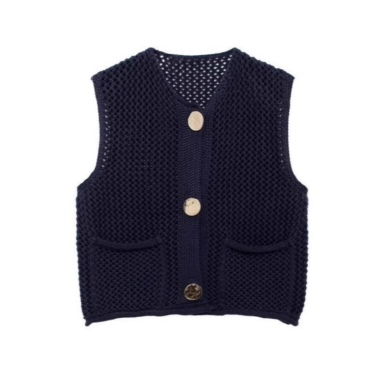 Street Fashion Crochet Hollow Vest Solid Color Versatile Round Neck Jacket - V.I.P Digital Presence