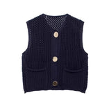 Street Fashion Crochet Hollow Vest Solid Color Versatile Round Neck Jacket - V.I.P Digital Presence