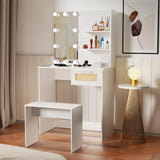 Vanity Desk Set Stool & Dressing Table with LED Lighting Mirror Drawer and Wood Cosmetic Table Chest of Drawers White Color - V.I.P Digital Presence