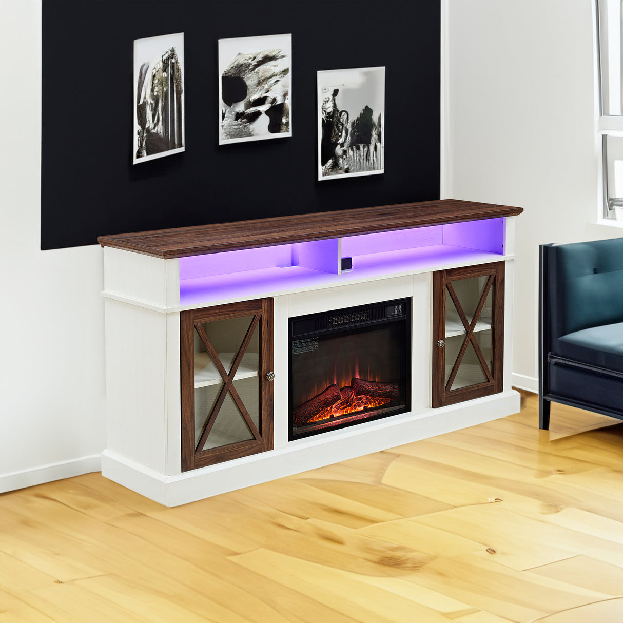LED Farmhouse Style TV Stand for 65/70/75 inch TV with Outlet, Tall Body Media Entertainment Center Console - V.I.P Digital Presence