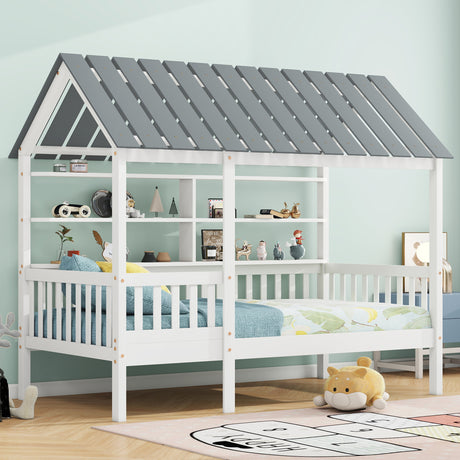 Wood Twin Size House Bed with Roof, Guardrail and Shelves, White - V.I.P Digital Presence