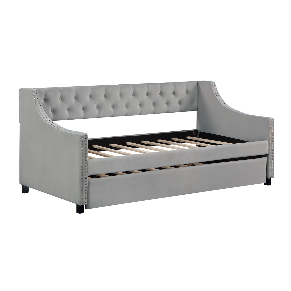 Twin Size Upholstered Daybed with Trundle Sturdy Wood Bedframe w/ Bedframe Tufted Button & Copper Nail on Arms Design - V.I.P Digital Presence