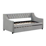 Twin Size Upholstered Daybed with Trundle Sturdy Wood Bedframe w/ Bedframe Tufted Button & Copper Nail on Arms Design - V.I.P Digital Presence