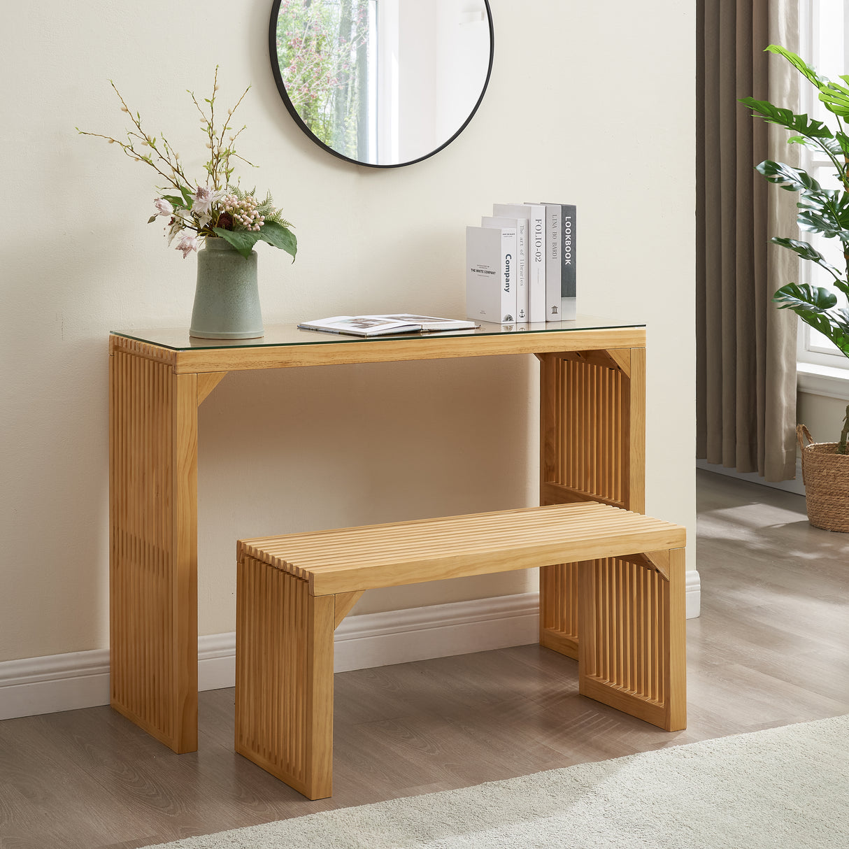 Dining Bench and Table, Pine Indoor Wood Bench for Entryway,Living Room,Kitchen and Bedroom Table (Nature, Long Bench & Table) - V.I.P Digital Presence