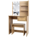 Vanity Desk Set Stool & Dressing Table with LED Lighting Mirror Drawer and Wood Cosmetic Table Chest of Drawers Nature Color - V.I.P Digital Presence