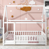Full Size Floor Wooden Bed with House Roof Frame, Fence Guardrails ,White - V.I.P Digital Presence