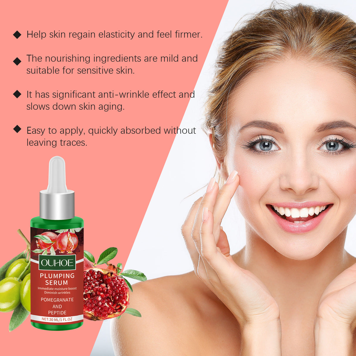 Esencia facial voluminizadora, hidratante y reparadora, con Q10 restaurador y nutritivo, para el cuidado diario.