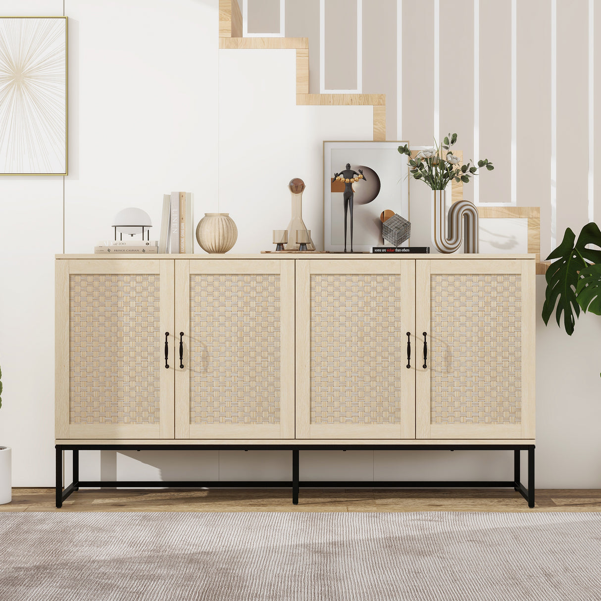 Rattan 4-Door Sideboard , Sideboard Buffet Storage Cabinet,Accent Storage Cabinet , Large Cabinet With 4 Rattan Decorated Doors - V.I.P Digital Presence