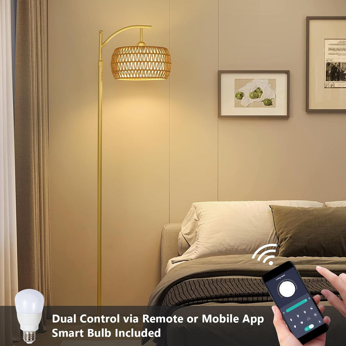Arc Floor Lamp with 3 Color Temperatures, LED Gold Floor Lamp with Remote & Stepless Dimmable Bulb, Boho Standing Lamp - V.I.P Digital Presence