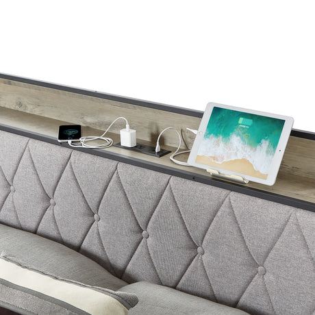 Bed frame with charging station full size, Grey, 83.1'' L x 56.1'' W x 39.2'' H. - V.I.P Digital Presence