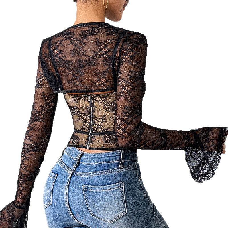 Lace sexy mesh see through backless long sleeved shawl new two-piece set spicy girl camisole vest - V.I.P Digital Presence