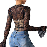 Lace sexy mesh see through backless long sleeved shawl new two-piece set spicy girl camisole vest - V.I.P Digital Presence